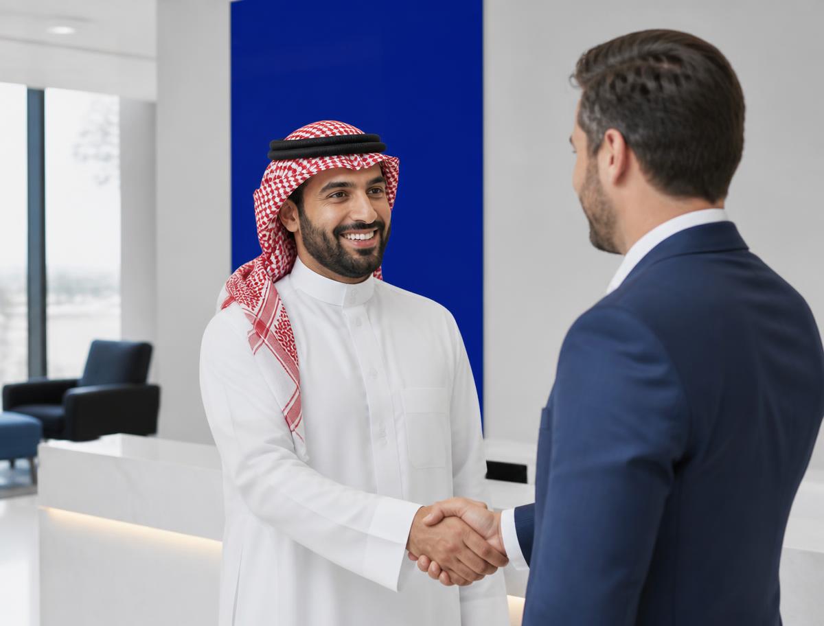 رجل أعمال سعودي يعمل على حاسب محمول في مكتب حديث بالرياض