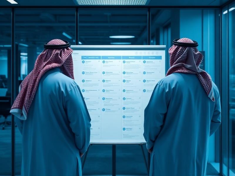 رجال أعمال سعوديون أمام لوحة مهام مشاريع
