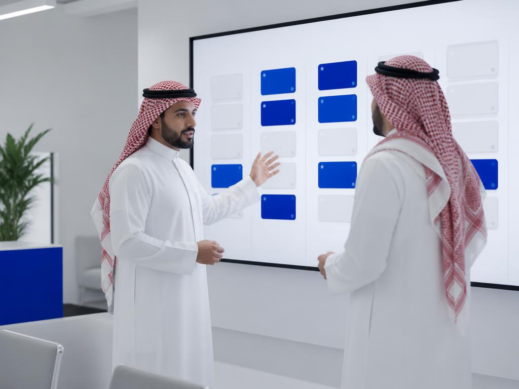 رجال أعمال سعوديون أمام لوحة مهام مشاريع